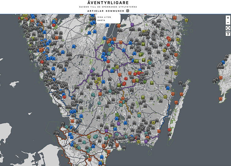 Karta på Sverige med nålar på sevärdheter